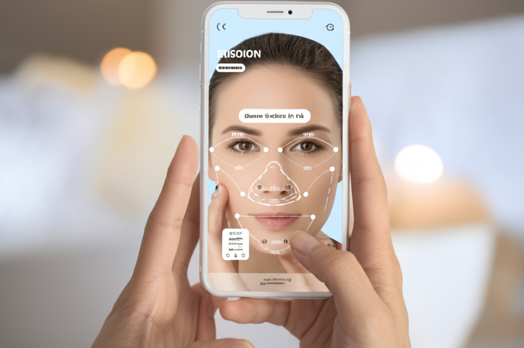 Person analyzing their skin with an AI-powered skincare application